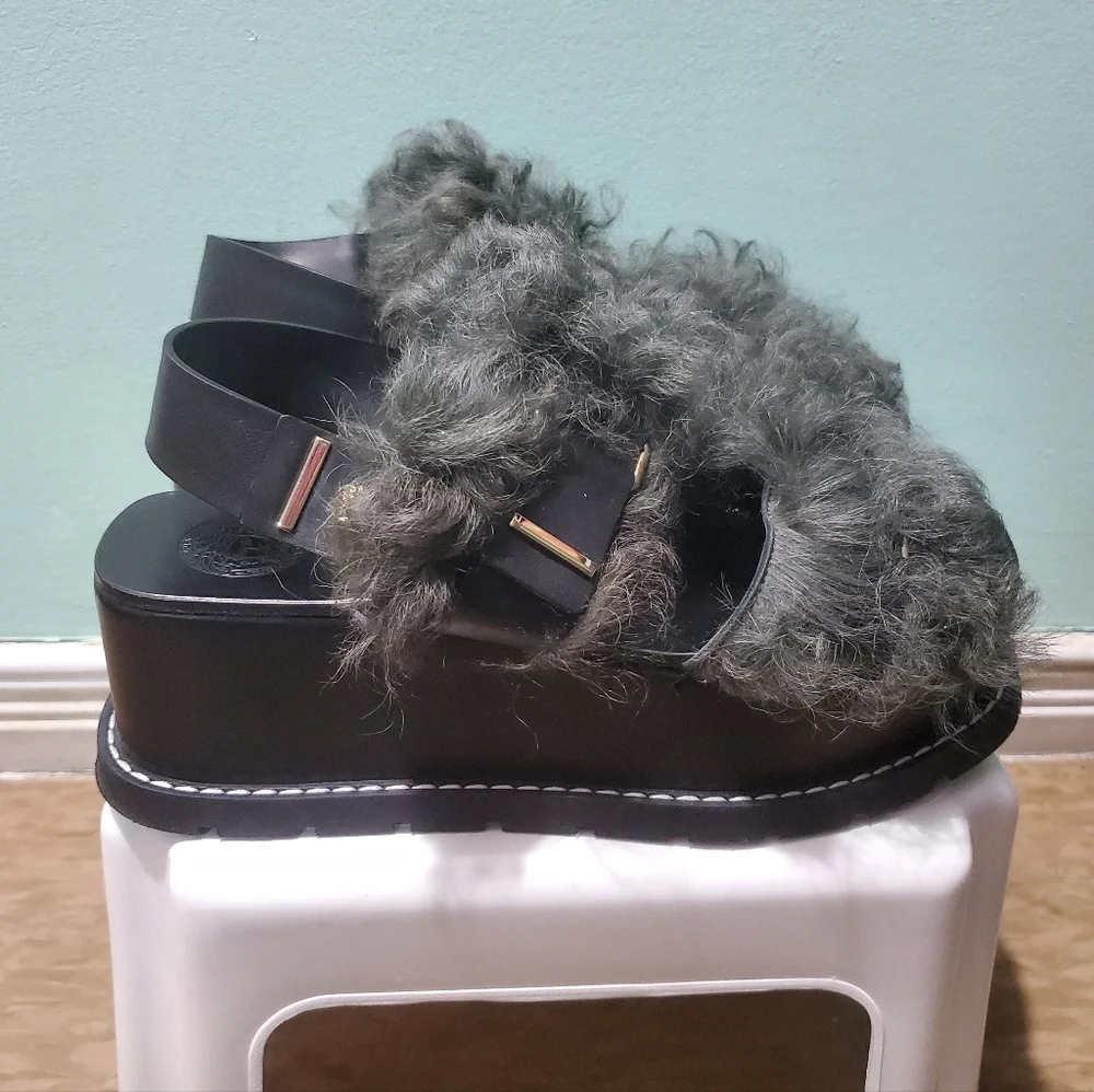 VERSACE Leather Fur Shearling Green Black Platform Clog Sandals Heels sz 41 - Picture 2 of 9
